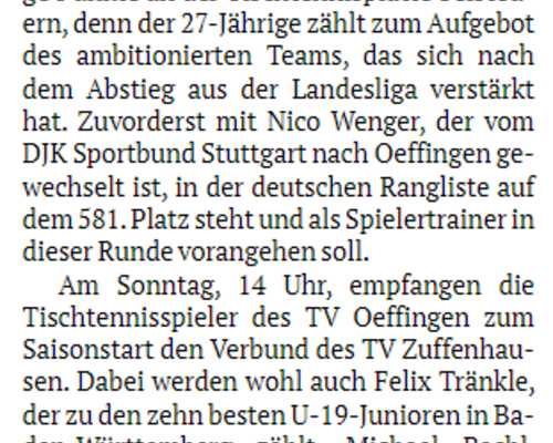 Vorbericht der Fellbacher Zeitung zur Saison 2022/2023